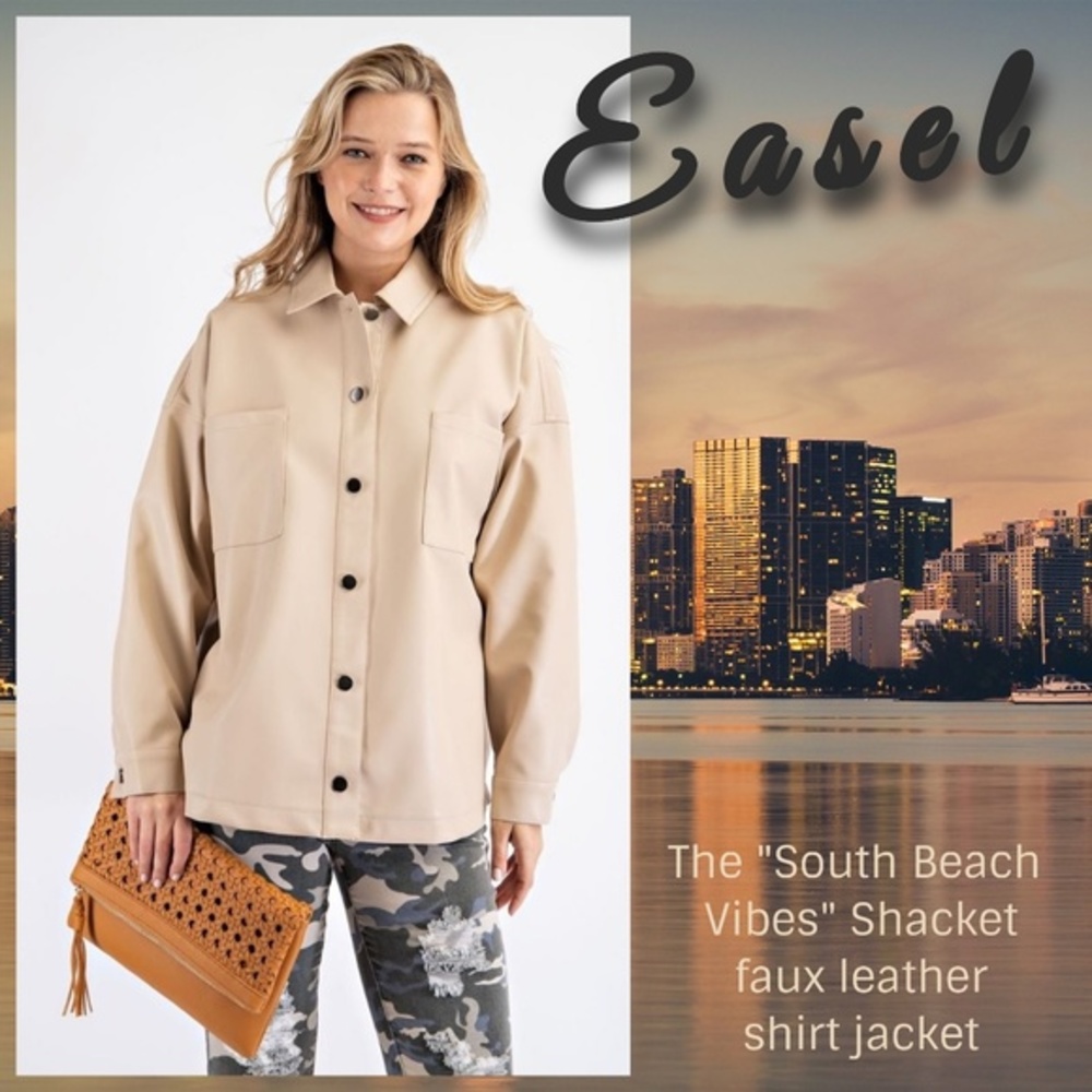 EASEL Button Front Lux Leather Shirt Jacket (Shacked) Collared Pockets & Cuffed